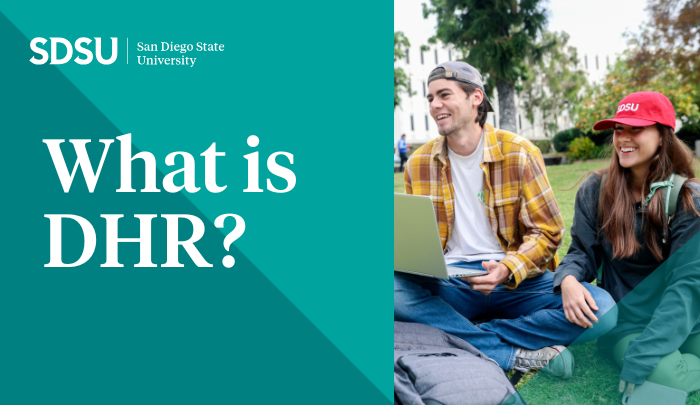 Split image of two smiling students sitting on grass and white text over teal background, reading What is DHR?