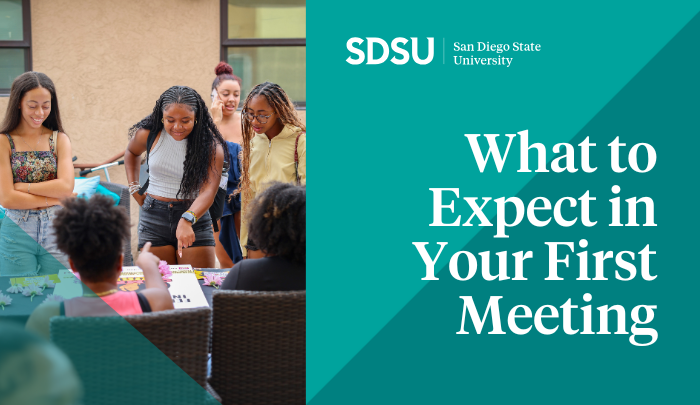 Split image of students looking at a table and white text over teal background reading What to expect in your first meeting
